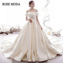 Load image into Gallery viewer, RoseModaClassicOfftheShoulderSatinPrincessWeddingDresswithLongTrainLaceUpBackVintageBallGown-a.jpg