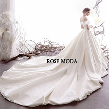 Load image into Gallery viewer, RoseModaClassicOfftheShoulderSatinPrincessWeddingDresswithLongTrainLaceUpBackVintageBallGown-b.jpg