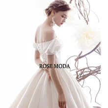 Load image into Gallery viewer, RoseModaClassicOfftheShoulderSatinPrincessWeddingDresswithLongTrainLaceUpBackVintageBallGown-d.jpg