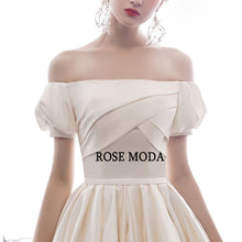 Load image into Gallery viewer, RoseModaClassicOfftheShoulderSatinPrincessWeddingDresswithLongTrainLaceUpBackVintageBallGown-e.jpg