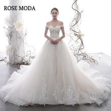 Load image into Gallery viewer, RoseModaLuxuryOfftheShoulderFrenchLaceWeddingDressIvoryandChampagnePrincessBallGownLongTrain-a.jpg