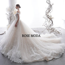 Load image into Gallery viewer, RoseModaLuxuryOfftheShoulderFrenchLaceWeddingDressIvoryandChampagnePrincessBallGownLongTrain-b.jpg