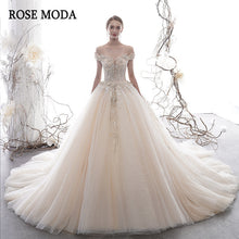 Load image into Gallery viewer, RoseModaLuxuryOfftheShoulderIvoryandChampagneLaceWeddingDresswithLongTrainCustomMake-a.jpg