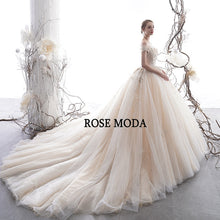 Load image into Gallery viewer, RoseModaLuxuryOfftheShoulderIvoryandChampagneLaceWeddingDresswithLongTrainCustomMake-b.jpg