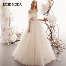 Load image into Gallery viewer, RoseModaOfftheShoulderShortSleevesBohoWeddingDresswithCrystalsDestinationBridalGowns-a.jpg