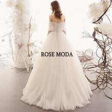 Load image into Gallery viewer, RoseModaOfftheShoulderShortSleevesBohoWeddingDresswithCrystalsDestinationBridalGowns-b.jpg