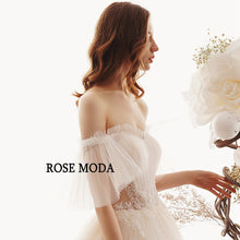 Load image into Gallery viewer, RoseModaOfftheShoulderShortSleevesBohoWeddingDresswithCrystalsDestinationBridalGowns-e.jpg