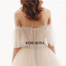 Load image into Gallery viewer, RoseModaOfftheShoulderShortSleevesBohoWeddingDresswithCrystalsDestinationBridalGowns-f.jpg
