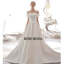 Load image into Gallery viewer, RoseModaSimpleOfftheShoulderSatinWeddingDresswithLongTrainLaceUpBackCustomMake-b.jpg