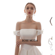 Load image into Gallery viewer, RoseModaSimpleOfftheShoulderSatinWeddingDresswithLongTrainLaceUpBackCustomMake-d.jpg