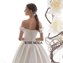 Load image into Gallery viewer, RoseModaSimpleOfftheShoulderSatinWeddingDresswithLongTrainLaceUpBackCustomMake-e.jpg