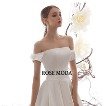 Load image into Gallery viewer, RoseModaSimpleOfftheShoulderSatinWeddingDresswithLongTrainLaceUpBackCustomMake-f.jpg