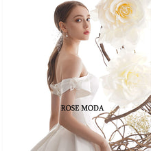 Load image into Gallery viewer, RoseModaSimpleOfftheShoulderSatinWeddingDresswithLongTrainLaceUpBackCustomMake-g.jpg