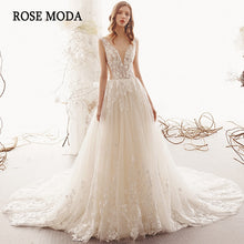 Load image into Gallery viewer, RosemodaIllusionDeepVNeckLaceWeddingDressVBackBohoWeddingDresseswithTrainCustomMake-a.jpg