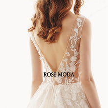 Load image into Gallery viewer, RosemodaIllusionDeepVNeckLaceWeddingDressVBackBohoWeddingDresseswithTrainCustomMake-e.jpg