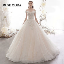 Load image into Gallery viewer, RosemodaLuxuryOffShoulderWeddingDresswithCrystalsLaceUpBackLongTrain-a.jpg