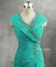 Load image into Gallery viewer, peacock-green-long-chiffon-mother-dress-e.jpg
