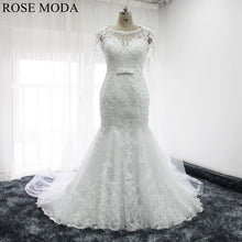 Load image into Gallery viewer, rosemoda-beaded-lace-mermaid-wedding-dress-with-detachable-cape-a.jpg