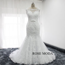 Load image into Gallery viewer, rosemoda-beaded-lace-mermaid-wedding-dress-with-detachable-cape-b.jpg