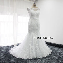 Load image into Gallery viewer, rosemoda-beaded-lace-mermaid-wedding-dress-with-detachable-cape-c.jpg
