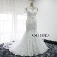 Load image into Gallery viewer, rosemoda-beaded-lace-mermaid-wedding-dress-with-detachable-cape-d.jpg
