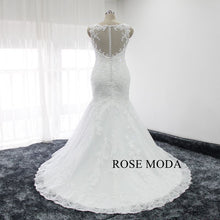 Load image into Gallery viewer, rosemoda-beaded-lace-mermaid-wedding-dress-with-detachable-cape-g.jpg