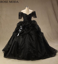 Load image into Gallery viewer, rosemoda-black-off-the-shoulder-organza-ball-gown-wedding-dress-a.jpg