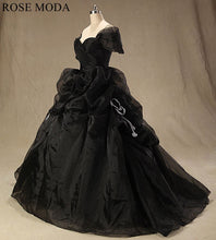 Load image into Gallery viewer, rosemoda-black-off-the-shoulder-organza-ball-gown-wedding-dress-b.jpg