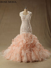 Load image into Gallery viewer, rosemoda-blush-and-ivory-lace-ruffled-organza-mermaid-wedding-dress-a.jpg