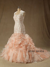 Load image into Gallery viewer, rosemoda-blush-and-ivory-lace-ruffled-organza-mermaid-wedding-dress-b.jpg