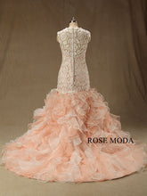 Load image into Gallery viewer, rosemoda-blush-and-ivory-lace-ruffled-organza-mermaid-wedding-dress-c.jpg