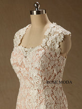 Load image into Gallery viewer, rosemoda-blush-and-ivory-lace-ruffled-organza-mermaid-wedding-dress-e.jpg