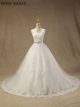 Load image into Gallery viewer, rosemoda-cap-sleeve-lace-ball-gown-wedding-dress-with-beaded-belt-a.jpg