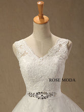 Load image into Gallery viewer, rosemoda-cap-sleeve-lace-ball-gown-wedding-dress-with-beaded-belt-d.jpg