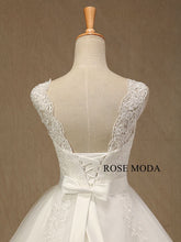 Load image into Gallery viewer, rosemoda-cap-sleeve-lace-ball-gown-wedding-dress-with-beaded-belt-e.jpg