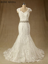 Load image into Gallery viewer, rosemoda-cap-sleeve-lace-mermaid-wedding-dress-with-detachable-crystal-blet-a.jpg
