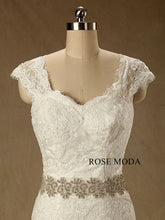 Load image into Gallery viewer, rosemoda-cap-sleeve-lace-mermaid-wedding-dress-with-detachable-crystal-blet-e.jpg