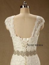 Load image into Gallery viewer, rosemoda-cap-sleeve-lace-mermaid-wedding-dress-with-detachable-crystal-blet-g.jpg