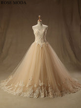 Load image into Gallery viewer, rosemoda-champagne-lace-ball-gown-wedding-dress-with-long-veil-a.jpg