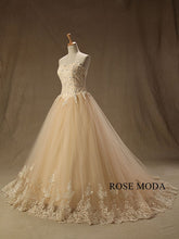 Load image into Gallery viewer, rosemoda-champagne-lace-ball-gown-wedding-dress-with-long-veil-b.jpg