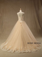 Load image into Gallery viewer, rosemoda-champagne-lace-ball-gown-wedding-dress-with-long-veil-c.jpg