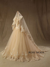 Load image into Gallery viewer, rosemoda-champagne-lace-ball-gown-wedding-dress-with-long-veil-d.jpg