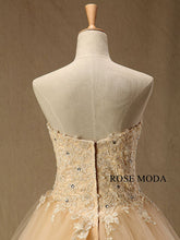 Load image into Gallery viewer, rosemoda-champagne-lace-ball-gown-wedding-dress-with-long-veil-g.jpg