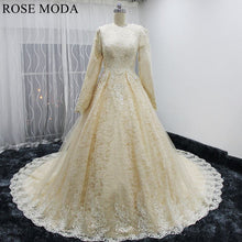 Load image into Gallery viewer, rosemoda-champagne-muslim-ball-gown-wedding-dress-a.jpg
