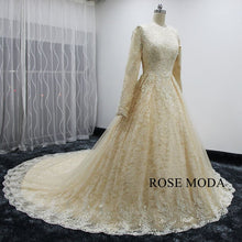 Load image into Gallery viewer, rosemoda-champagne-muslim-ball-gown-wedding-dress-b.jpg