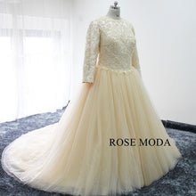 Load image into Gallery viewer, rosemoda-champagne-plus_muslim-wedding-dress-with-long-sleeve-c.jpg