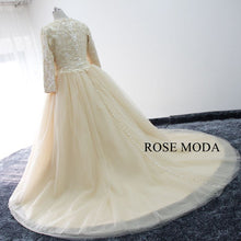 Load image into Gallery viewer, rosemoda-champagne-plus_muslim-wedding-dress-with-long-sleeve-f.jpg