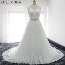 Load image into Gallery viewer, rosemoda-chantilly-lace-a-line-wedding-dress-with-removable-crystal-belt-a.jpg