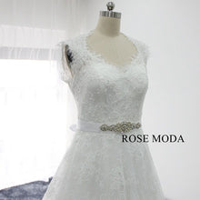 Load image into Gallery viewer, rosemoda-chantilly-lace-a-line-wedding-dress-with-removable-crystal-belt-c.jpg