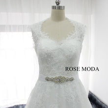 Load image into Gallery viewer, rosemoda-chantilly-lace-a-line-wedding-dress-with-removable-crystal-belt-d.jpg
